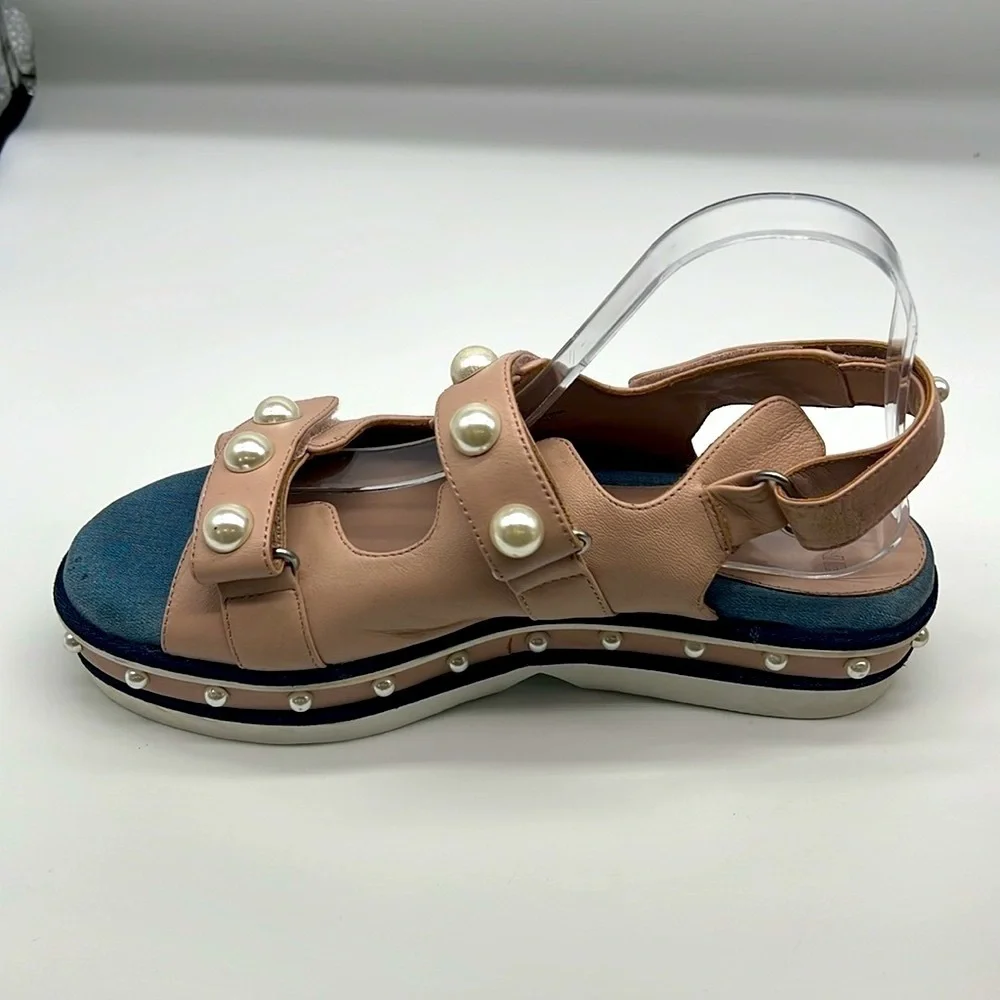 Clone - Diamond Nappa Pink Leather Platform Strap Stud Pearl Sandal Size 41